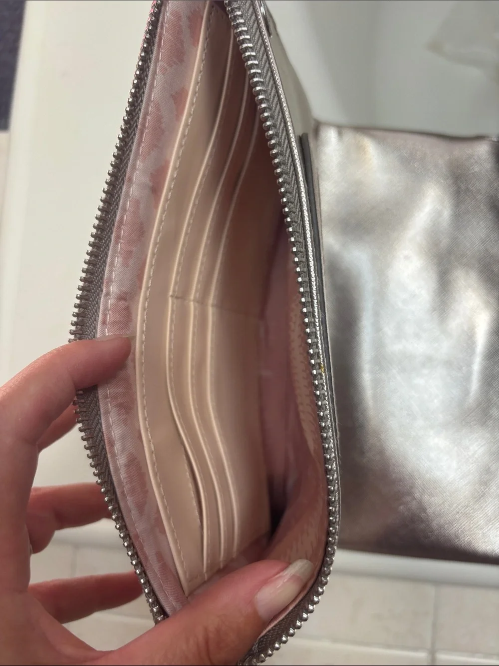 Stella & Dot Metallic Silver Laser-Cut Zip Clutch